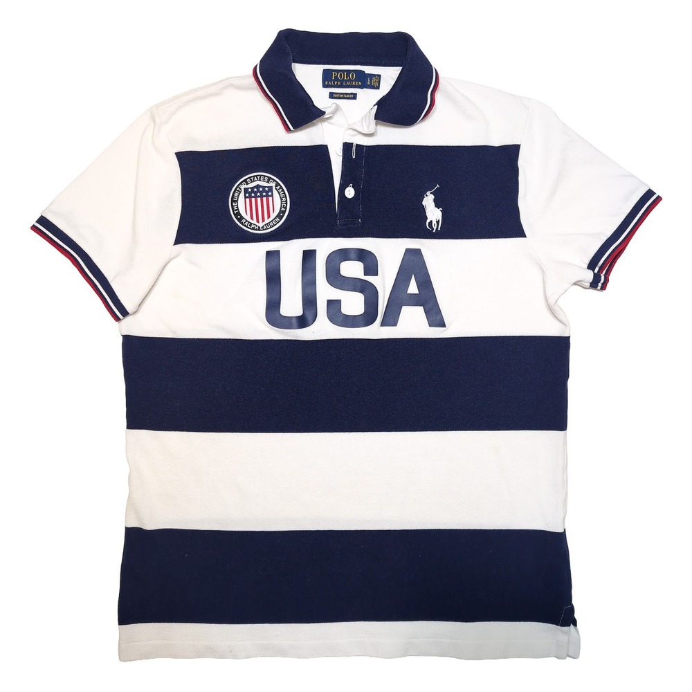 POLO RALPH LAUREN Polo Shirt Mens Large USA Big Pony Custom Slim Fit White Blue